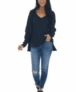 Umgee Black V Neck High Low Hem Thermal Knit Top