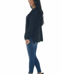 Umgee Black V Neck High Low Hem Thermal Knit Top