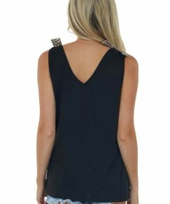 Haptics Black V Neck Knit Tank Top With Leopard Print Bows