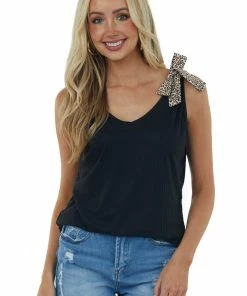 Haptics Black V Neck Knit Tank Top With Leopard Print Bows