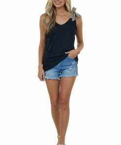 Haptics Black V Neck Knit Tank Top With Leopard Print Bows
