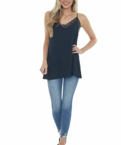VISION Black V Neck Lace Trim Racerback Camisole Tops