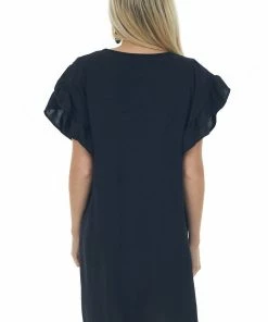 FSL APPAREL Dresses Black V Neck Short Ruffle Sleeve Woven Dress