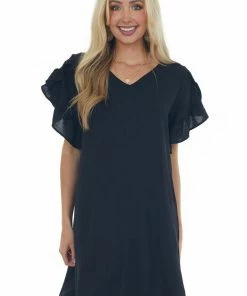 FSL APPAREL Dresses Black V Neck Short Ruffle Sleeve Woven Dress