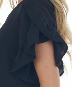 FSL APPAREL Dresses Black V Neck Short Ruffle Sleeve Woven Dress