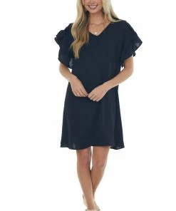 FSL APPAREL Dresses Black V Neck Short Ruffle Sleeve Woven Dress