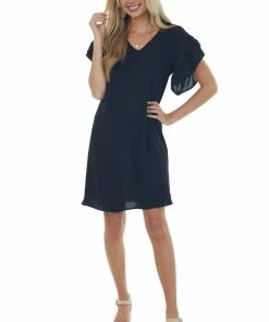 FSL APPAREL Dresses Black V Neck Short Ruffle Sleeve Woven Dress