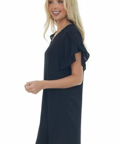 FSL APPAREL Dresses Black V Neck Short Ruffle Sleeve Woven Dress