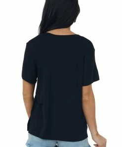CY Fashion Black V Neck Short Sleeve Side Slit Knit Tee