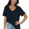 CY Fashion Black V Neck Short Sleeve Side Slit Knit Tee