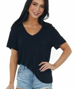 CY Fashion Black V Neck Short Sleeve Side Slit Knit Tee