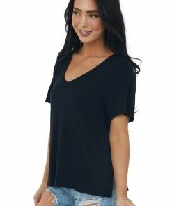 CY Fashion Black V Neck Short Sleeve Side Slit Knit Tee