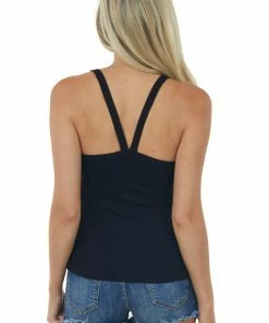 ZENANA Black V Neck Stretchy Ribbed Fitted Tank Top Tops
