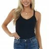 ZENANA Black V Neck Stretchy Ribbed Fitted Tank Top Tops