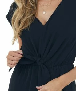 She + Sky Dresses Black V Neck Woven Jumpsuit With Front Tie Detail
