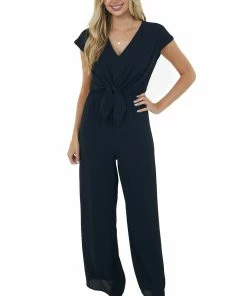 She + Sky Dresses Black V Neck Woven Jumpsuit With Front Tie Detail