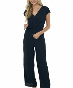 She + Sky Dresses Black V Neck Woven Jumpsuit With Front Tie Detail