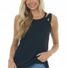 Urban Chic Black Waffle Knit Tank Top With Criss Cross Straps Tops