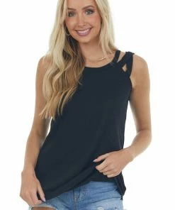 Urban Chic Black Waffle Knit Tank Top With Criss Cross Straps Tops