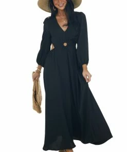 Entro Black Waist Cut Out Ring Detail Maxi Dress