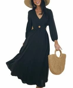 Entro Black Waist Cut Out Ring Detail Maxi Dress