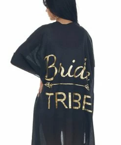 Fashion City Black 'Bride Tribe' Metallic Foil Kimono