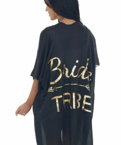 Fashion City Black 'Bride Tribe' Metallic Foil Kimono