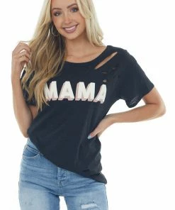 BiBi Tops Black 'Mama' Graphic Tee With Laser Cut Outs 12 BiBi Tops Black 'Mama' Graphic Tee With Laser Cut Outs