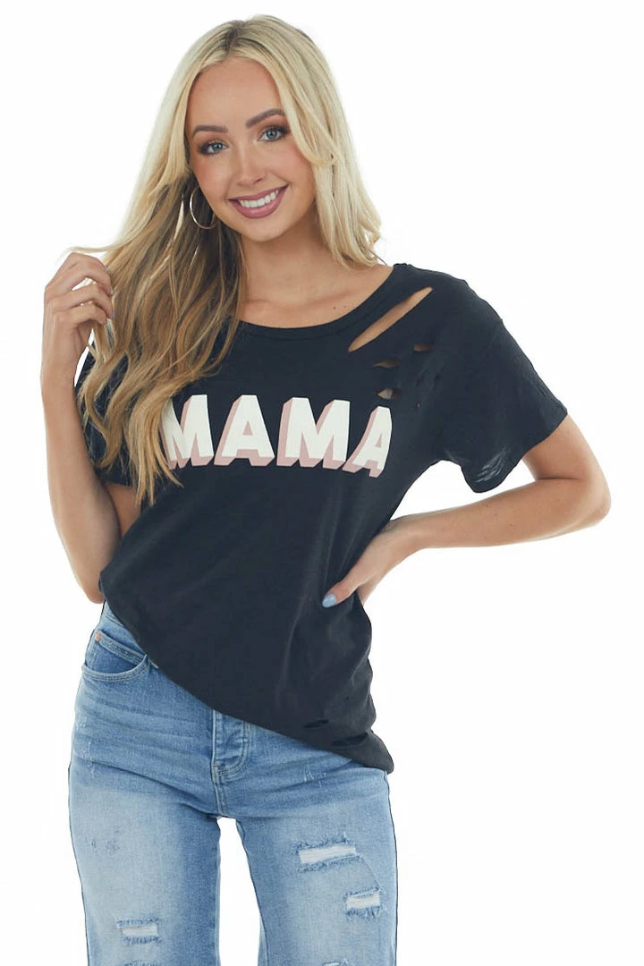 BiBi Tops Black 'Mama' Graphic Tee With Laser Cut Outs 5 BiBi Tops Black 'Mama' Graphic Tee With Laser Cut Outs