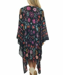 Easel Tops Black And Fuchsia Colorful Floral Printed Kimono