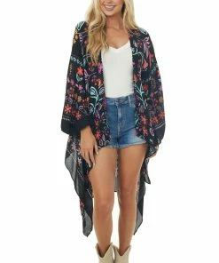 Easel Tops Black And Fuchsia Colorful Floral Printed Kimono