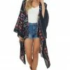 Easel Tops Black And Fuchsia Colorful Floral Printed Kimono