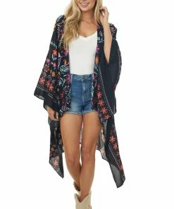Easel Tops Black And Fuchsia Colorful Floral Printed Kimono