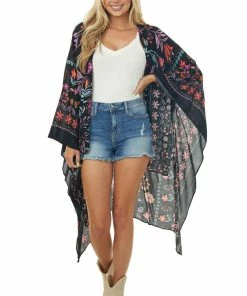 Easel Tops Black And Fuchsia Colorful Floral Printed Kimono
