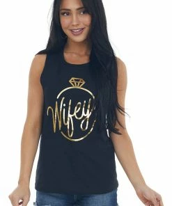 Blume+Co Black And Gold Foil 'Wifey' Graphic Tank Top Tops