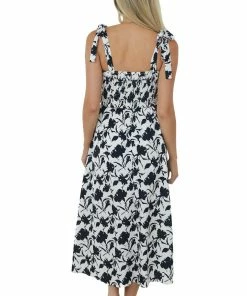 Miss Sparkling Black And Off White Printed Smocked Midi Dress Dresses