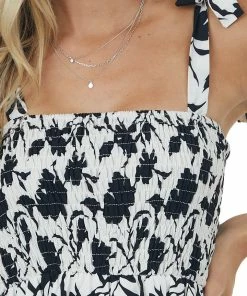 Miss Sparkling Black And Off White Printed Smocked Midi Dress Dresses