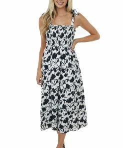 Miss Sparkling Black And Off White Printed Smocked Midi Dress Dresses