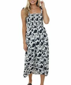 Miss Sparkling Black And Off White Printed Smocked Midi Dress Dresses