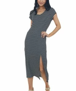 HESED Dresses Black And Pearl Striped Side Slit Midi Dress