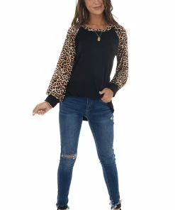 Celeste Design Black Leopard Print Long Puff Sleeve Knit Top Tops
