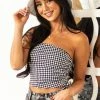 LE LIS Tops Black Checkered Strapless Ruched Side Top 1 LE LIS Tops Black Checkered Strapless Ruched Side Top