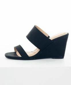 Chinese Laundry Black Double Strap Slip On Cushioned Wedges