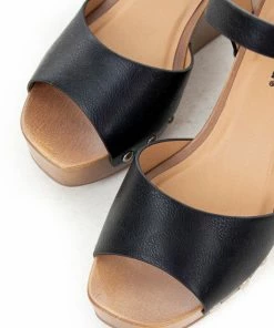 FORTUNE DYNAMIC Black Faux Leather Clog Style Wedges With Buckle