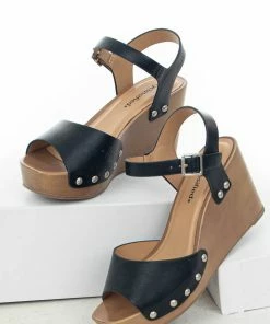 FORTUNE DYNAMIC Black Faux Leather Clog Style Wedges With Buckle