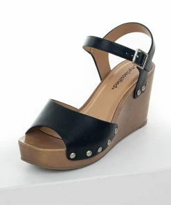 FORTUNE DYNAMIC Black Faux Leather Clog Style Wedges With Buckle