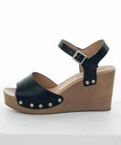 FORTUNE DYNAMIC Black Faux Leather Clog Style Wedges With Buckle