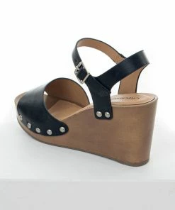 FORTUNE DYNAMIC Black Faux Leather Clog Style Wedges With Buckle