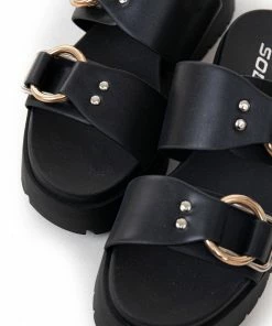 FORTUNE DYNAMIC Black Faux Leather Platform Sandals With Buckles