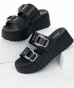 FORTUNE DYNAMIC Black Faux Leather Platform Sandals With Buckles